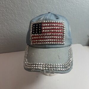 Jeans Blue Baseball Cap‎ USA Flag Patriot Rhinestones Strapback Travel Hat